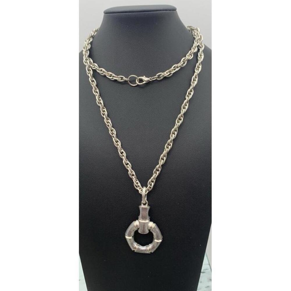 Vintage Silver Tone Chunky Chain W Articulated Door Knocker Style Bamboo Pendant - Picture 3 of 3